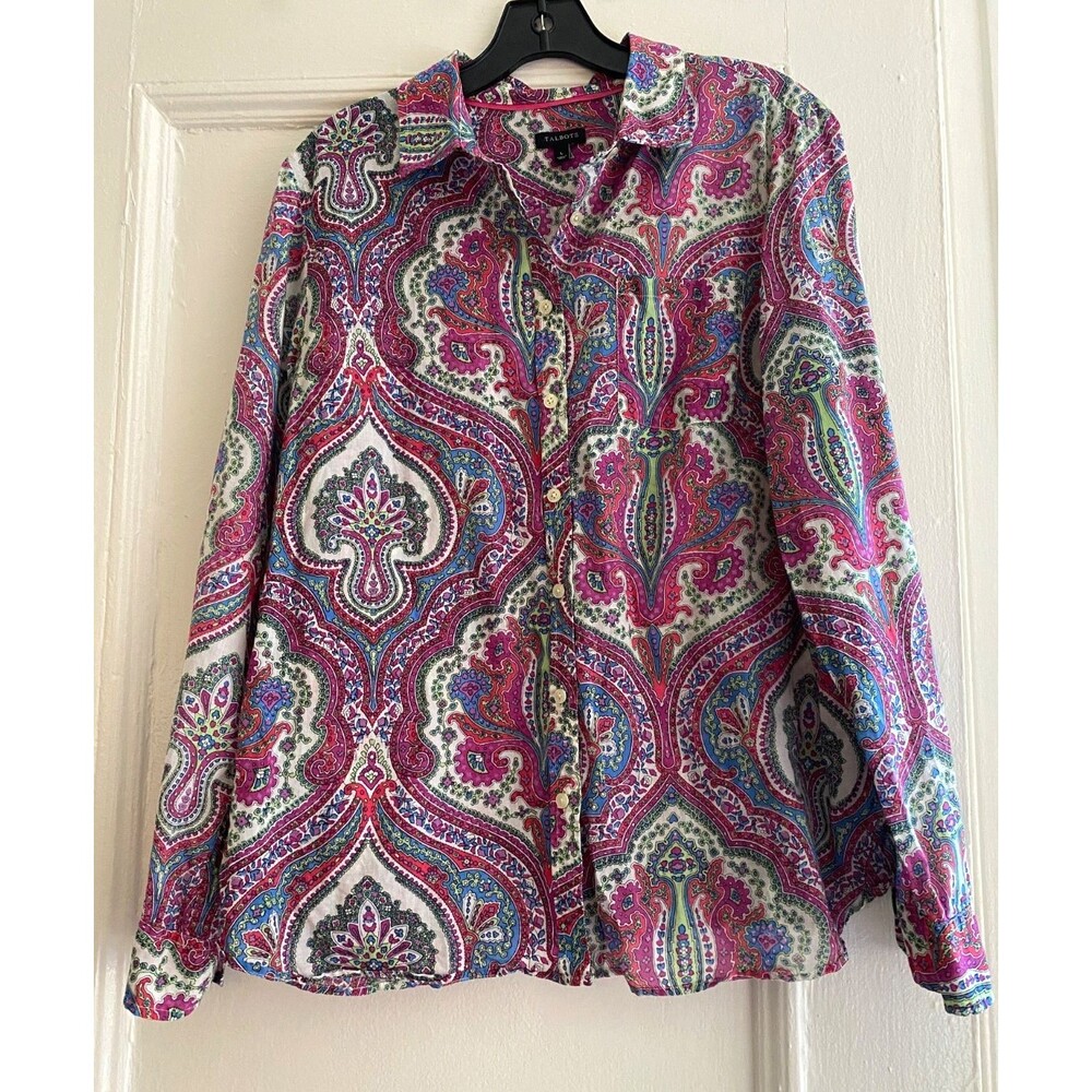 Talbots Paisley 100% Cotton Roll Tab Button Down Shirt Size Large Colorful Artsy